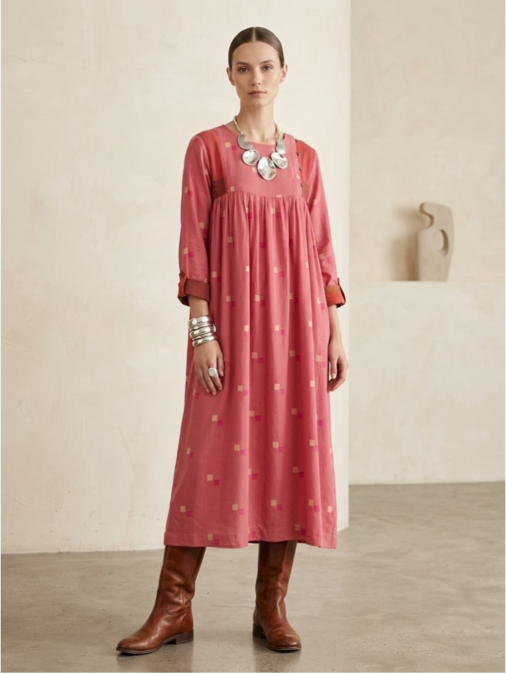 MAX Pink Geometric Boho Midi Dress Small 100% Rayon Button Accent Smock Babydoll